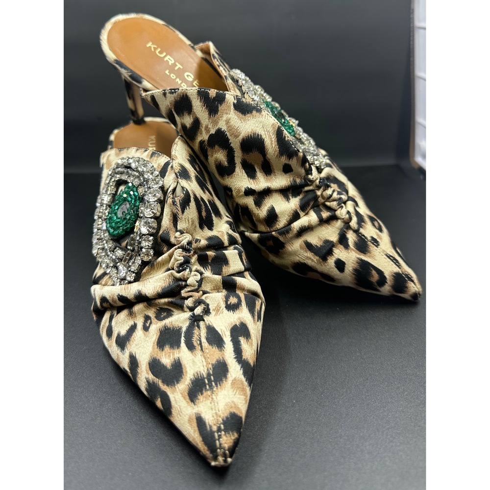 Kurt Geiger London Bella Leopard Print Crystal Eye Mules Stiletto Heels Sz. 37